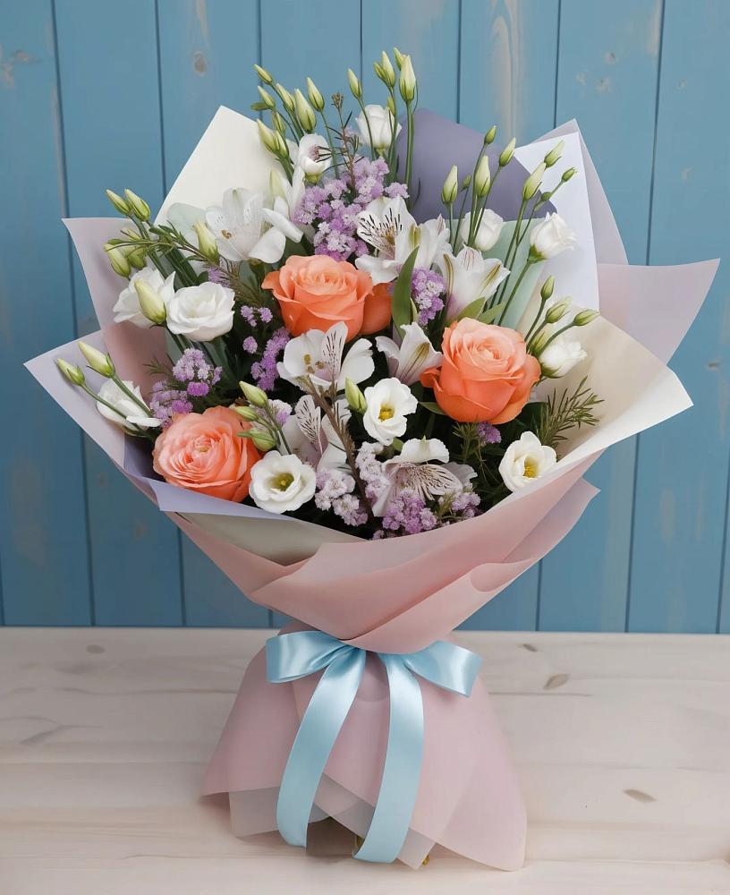 Букет цветов из: Лизиантусы, Розы, Альстромерии и Гипсофила в Ногинск-5
