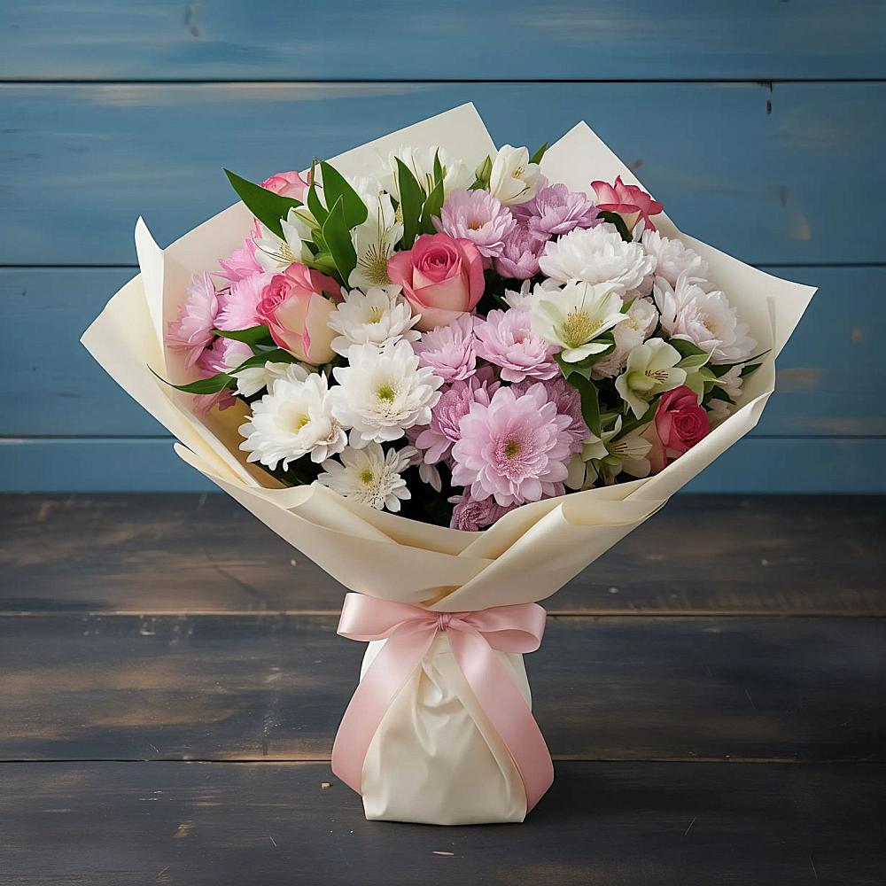 Букет цветов из: Хризантемы, Альстромерии и Розы в Ногинск-5